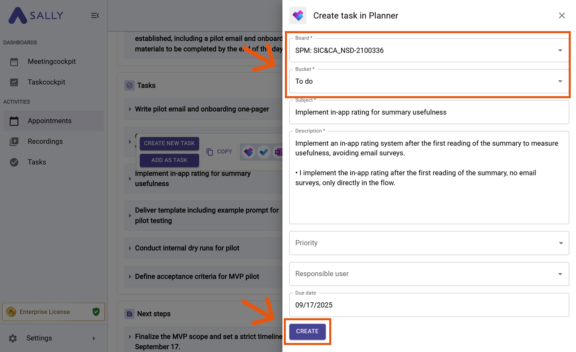 Planner task creation form