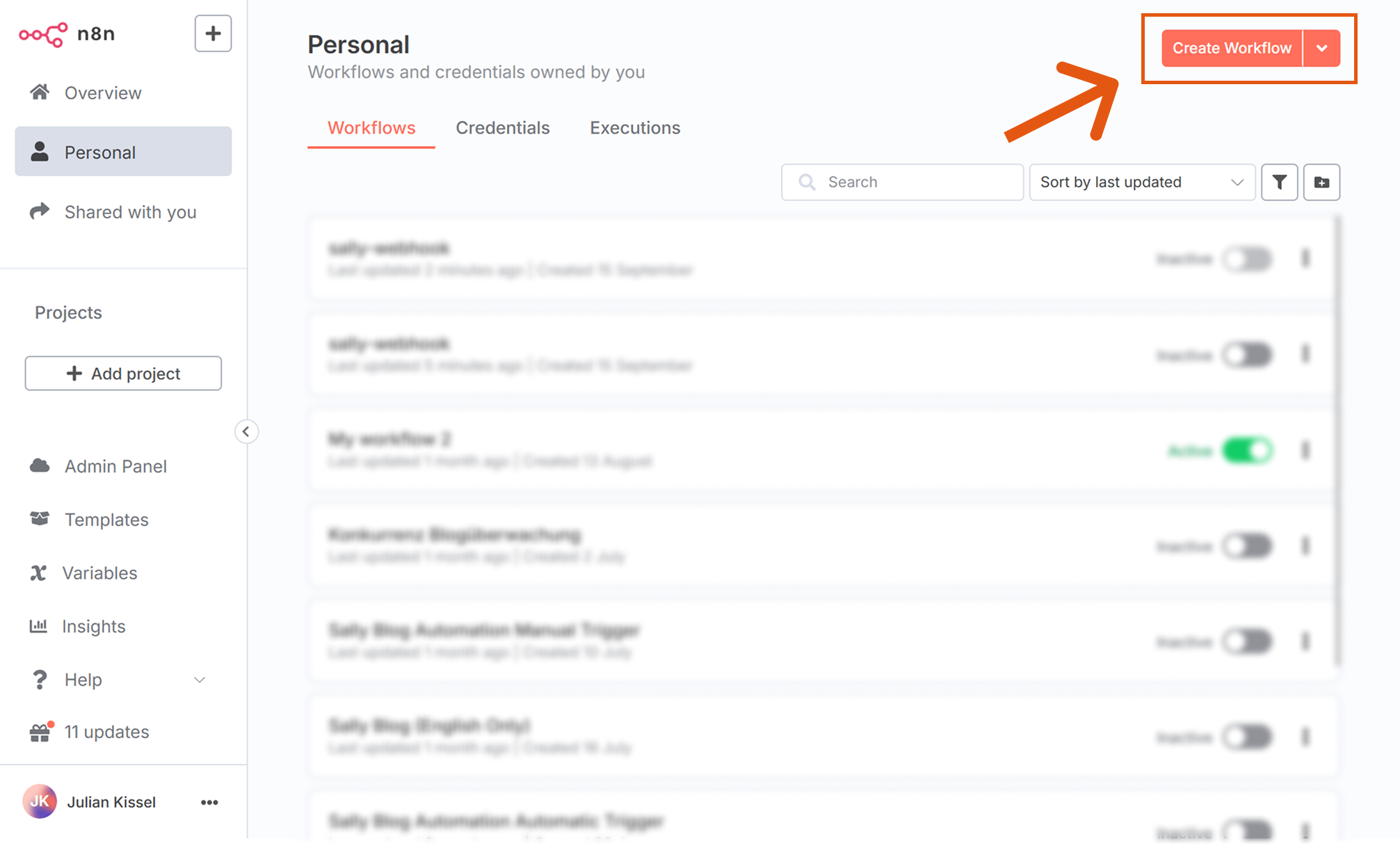 n8n interface with Create Workflow highlighted