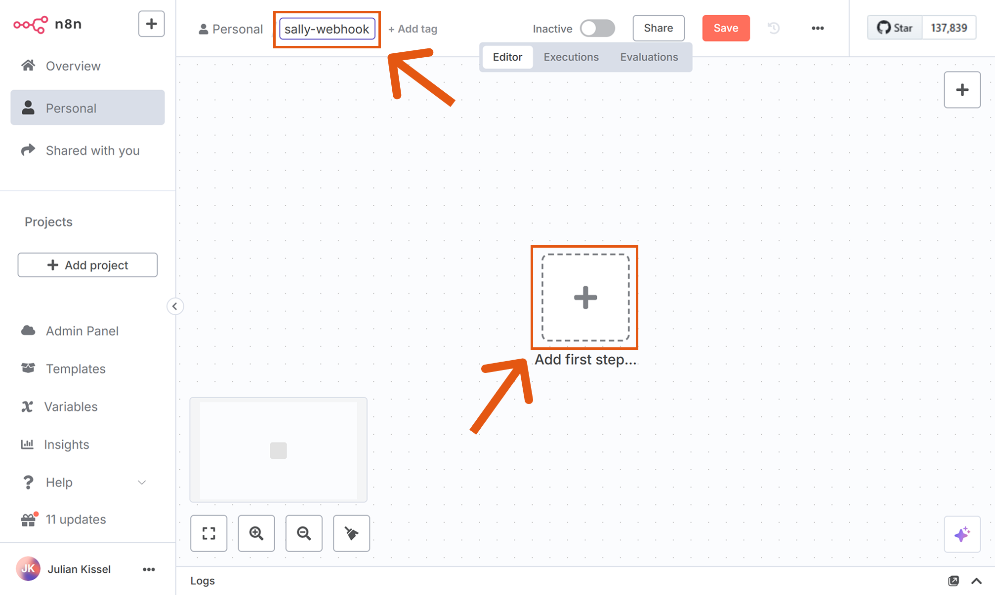 n8n editor with new workflow and Add step highlighted