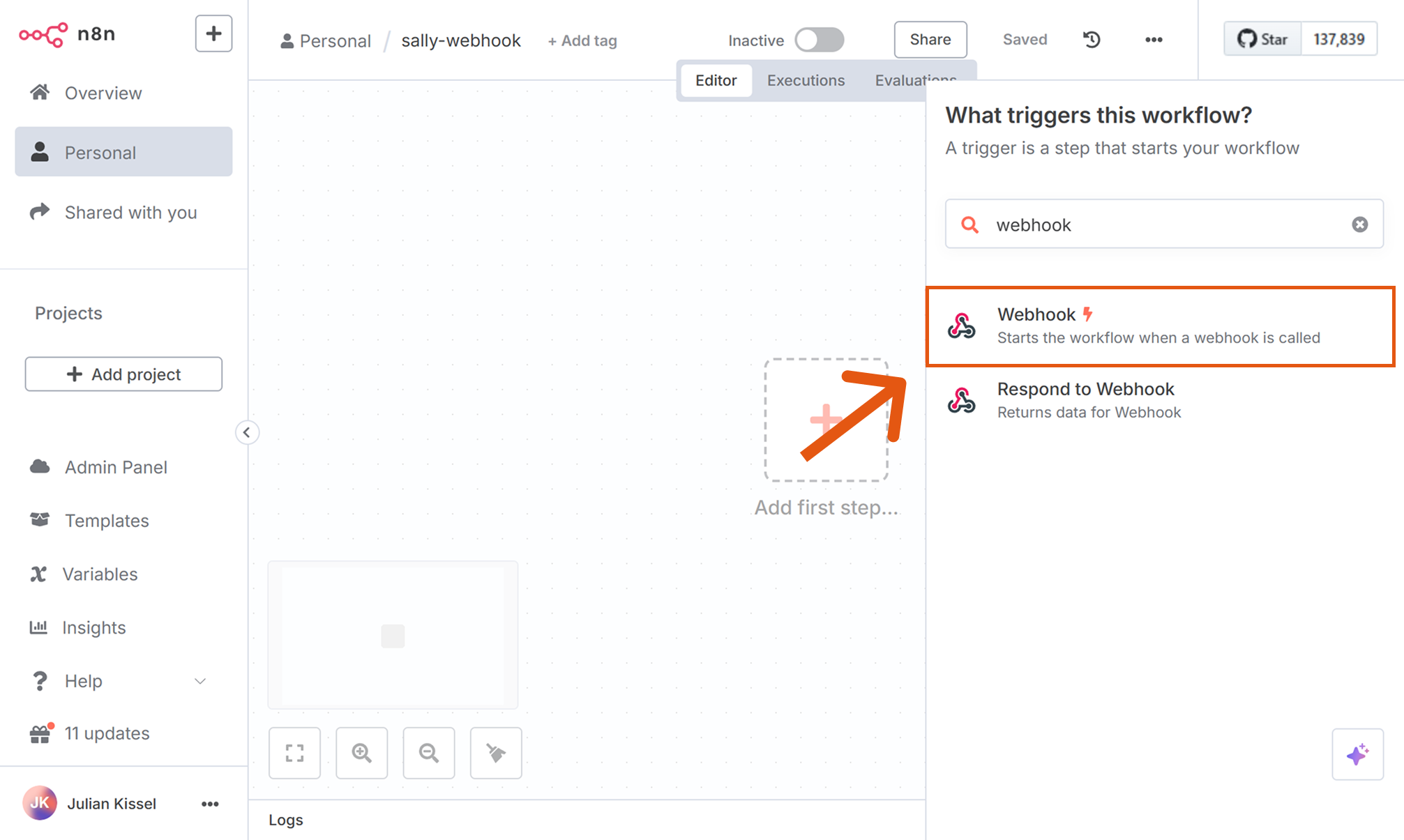 n8n node selection with Webhook highlighted