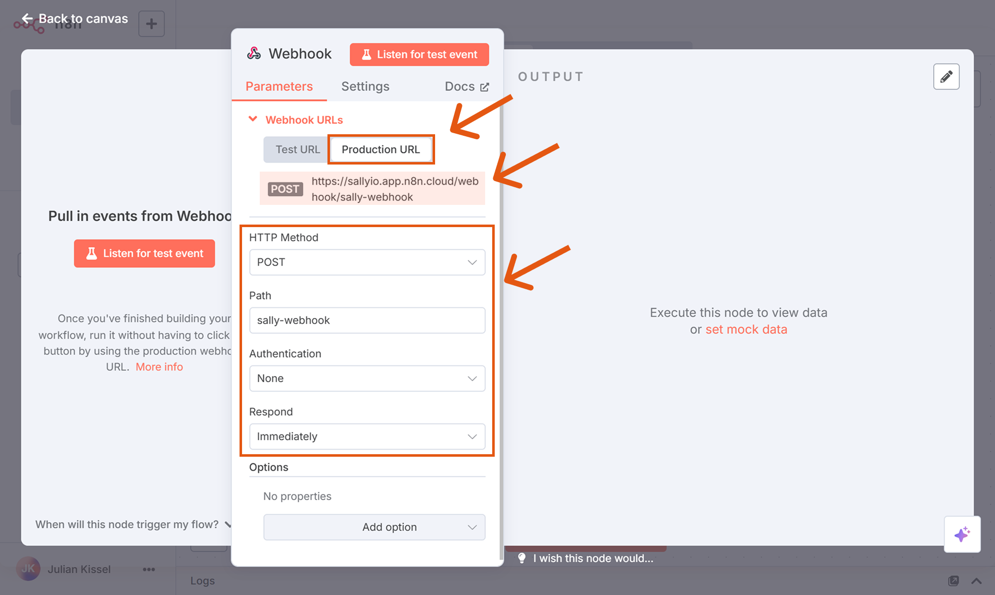 Webhook node in n8n with key parameters highlighted