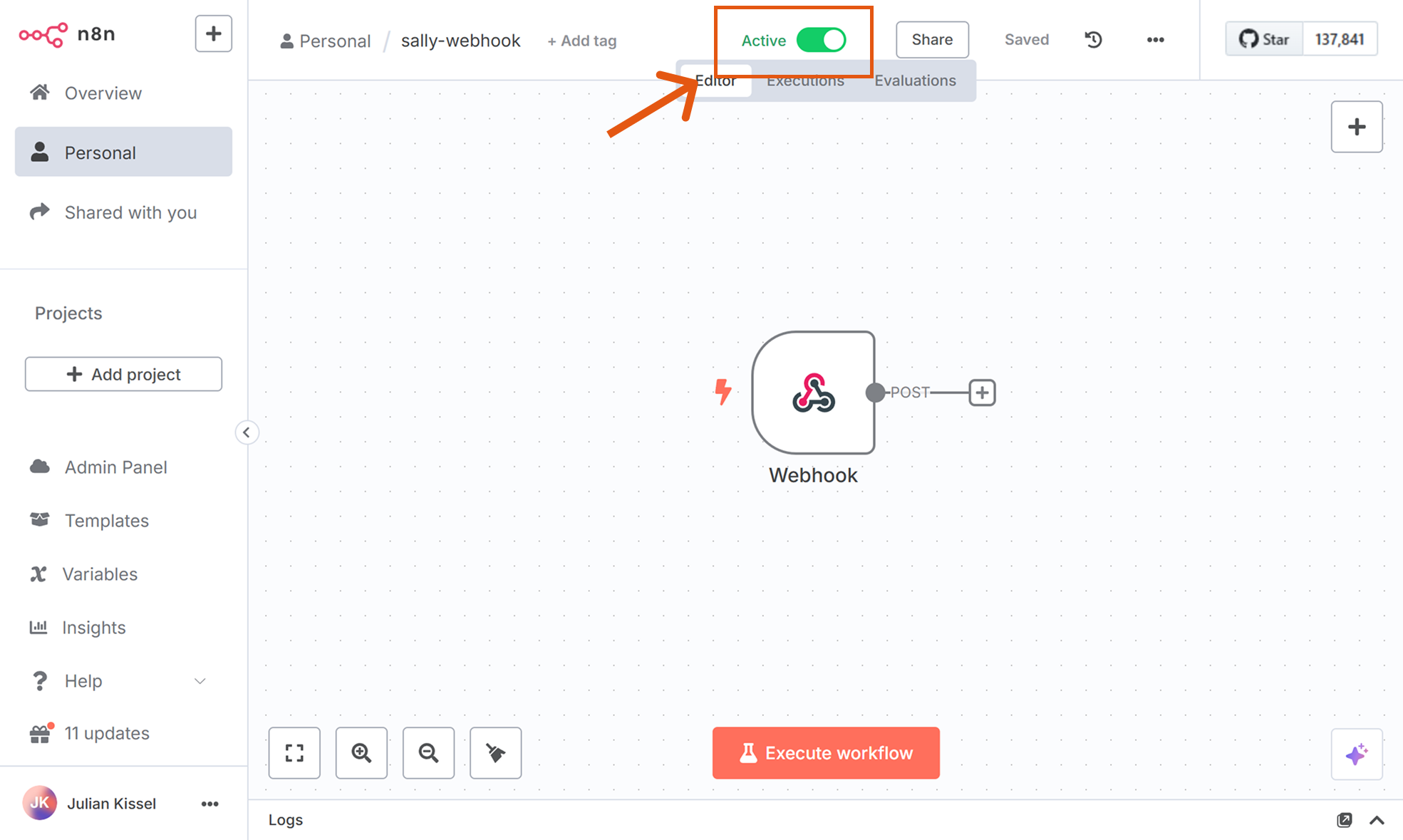 Webhook node in n8n showing Production URL