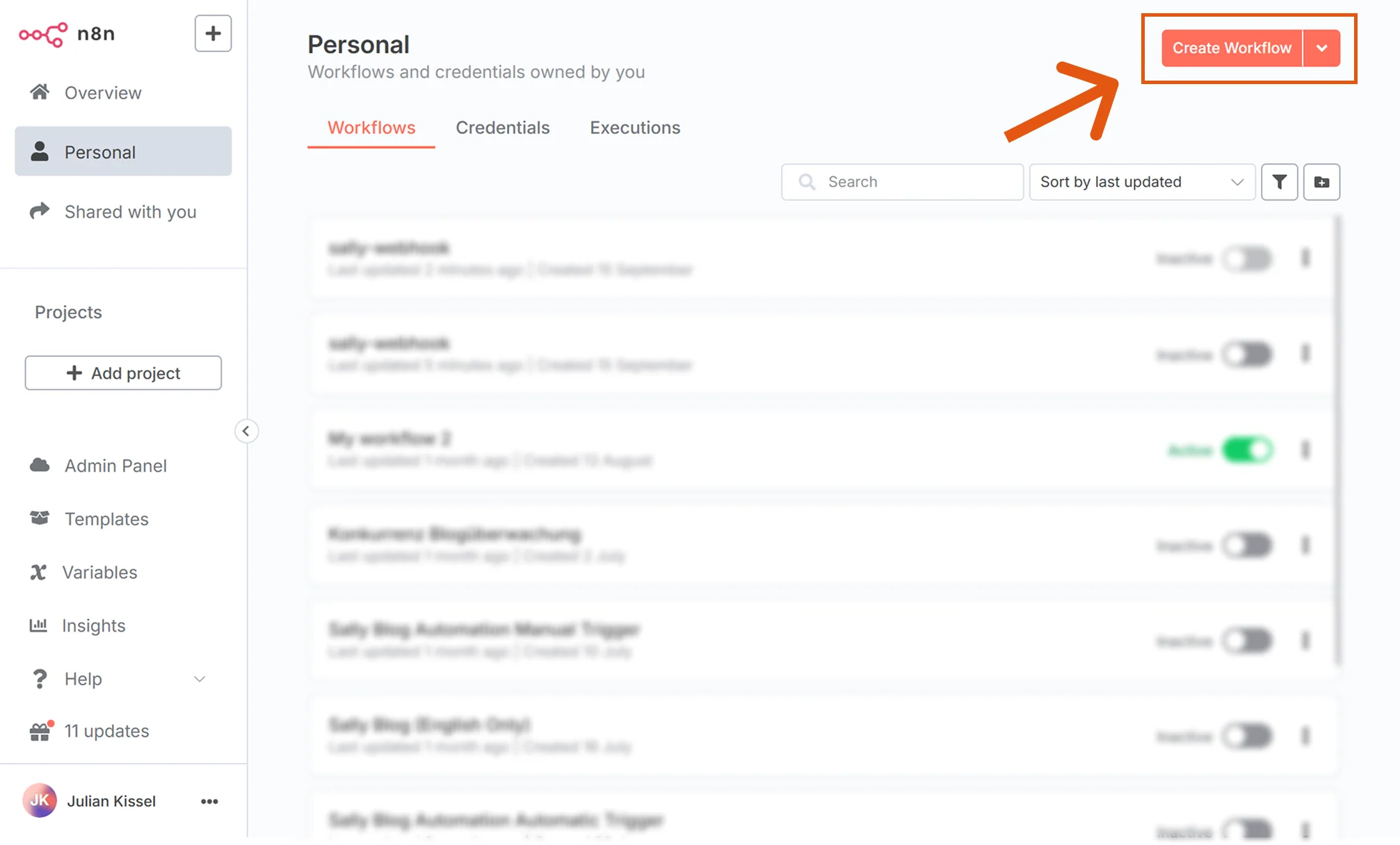 n8n interface with Create Workflow highlighted