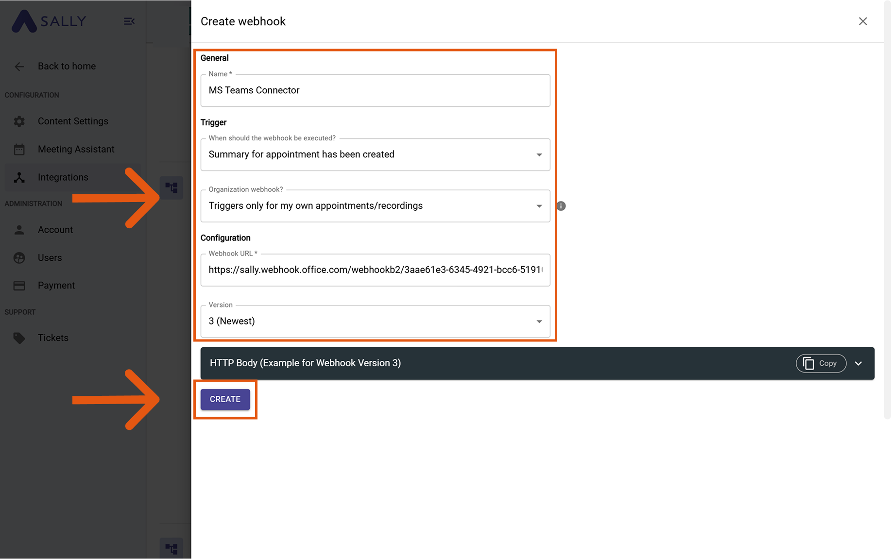 Create webhook form in Sally with fields highlighted