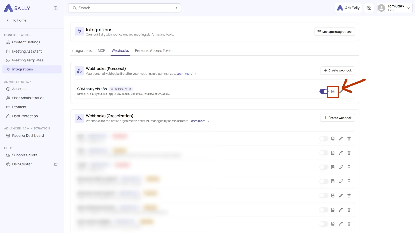 List of personal webhooks with the document icon for the logs highlighted