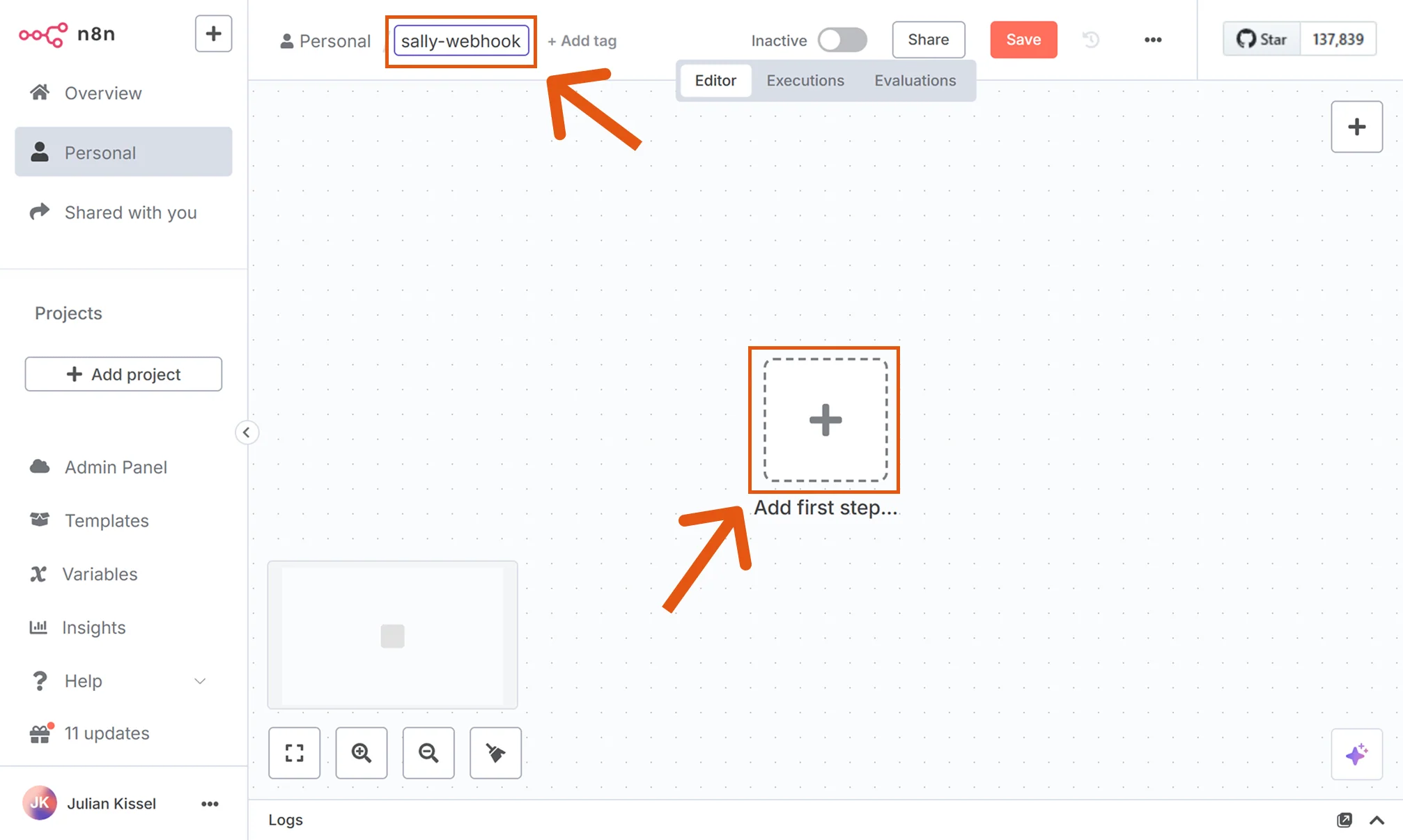 n8n editor with new workflow and Add step highlighted