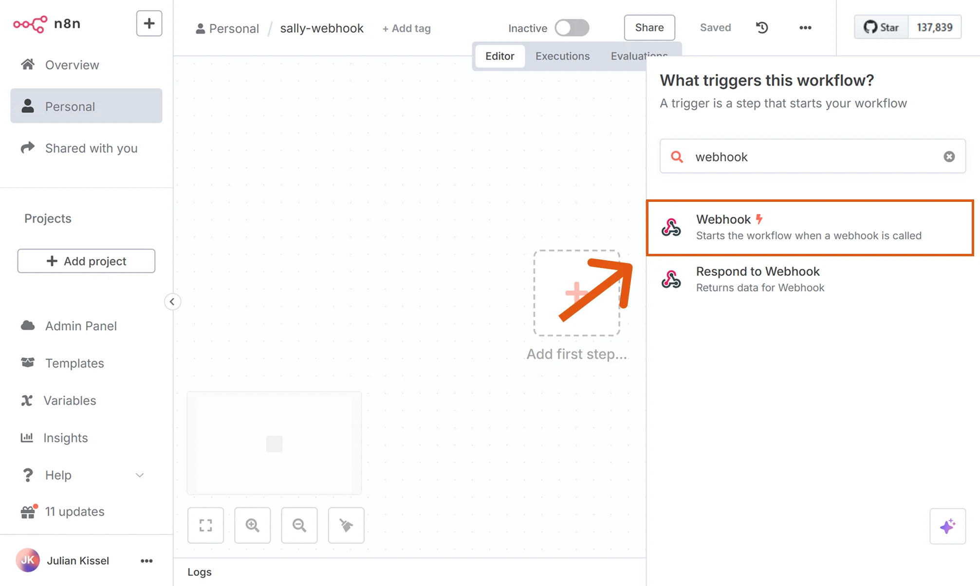 n8n node selection with Webhook highlighted