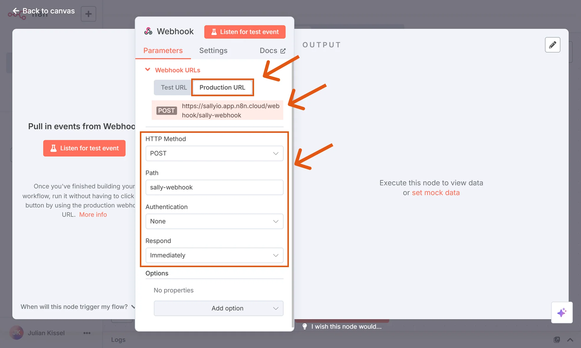 Webhook node in n8n with key parameters highlighted