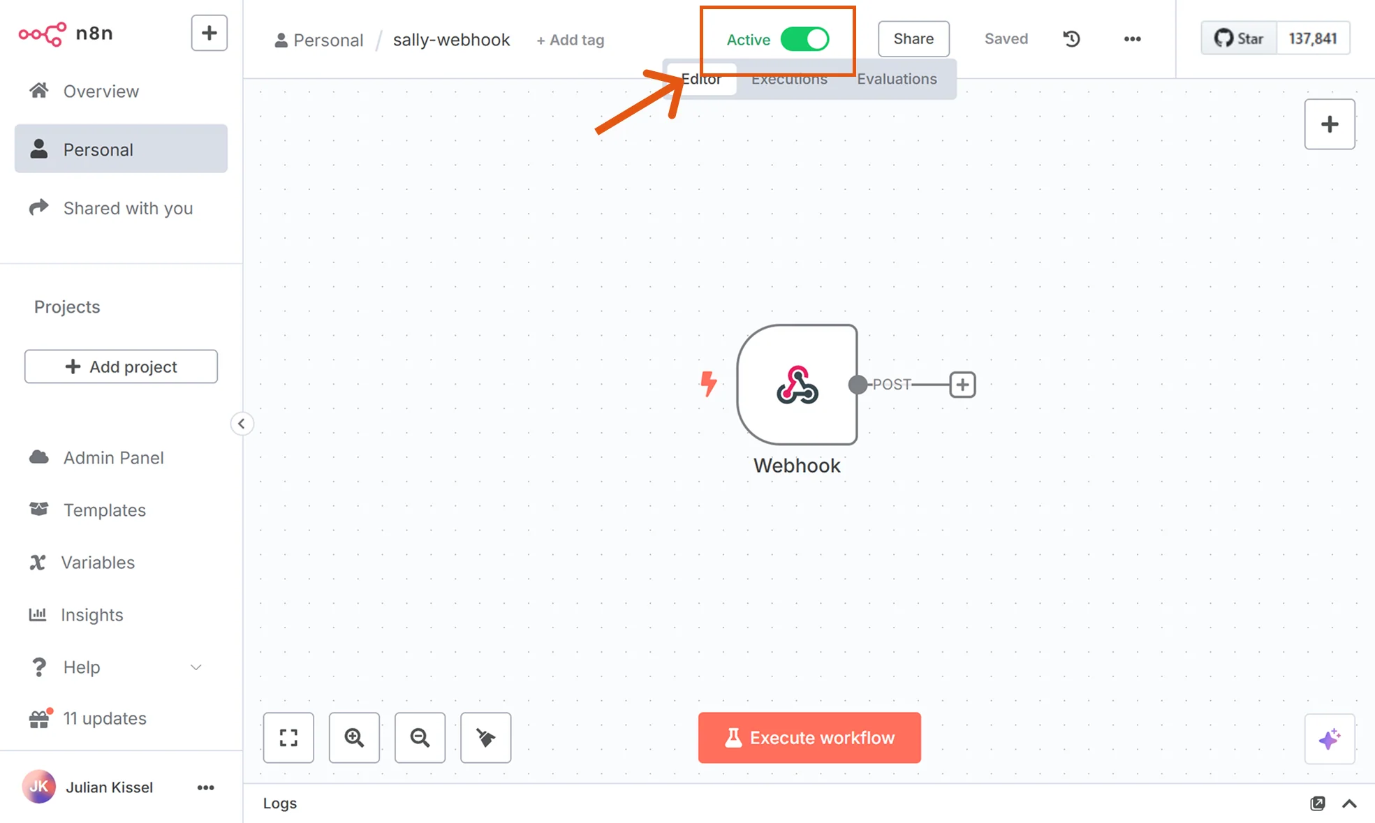 Webhook node in n8n showing Production URL