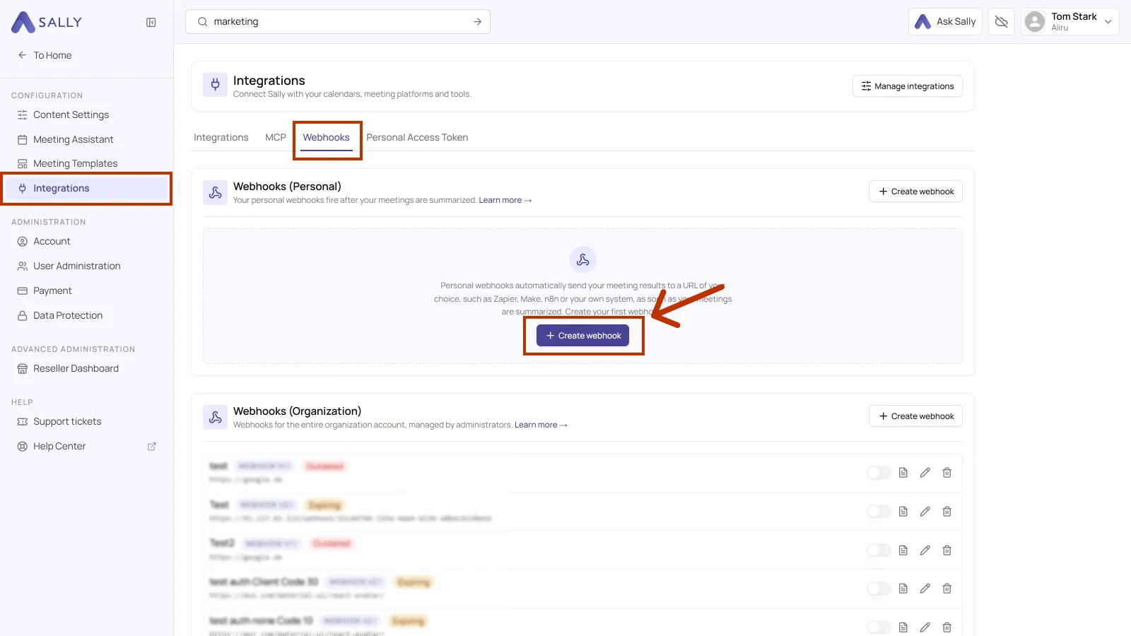Webhooks tab in the integrations with the Create webhook button highlighted