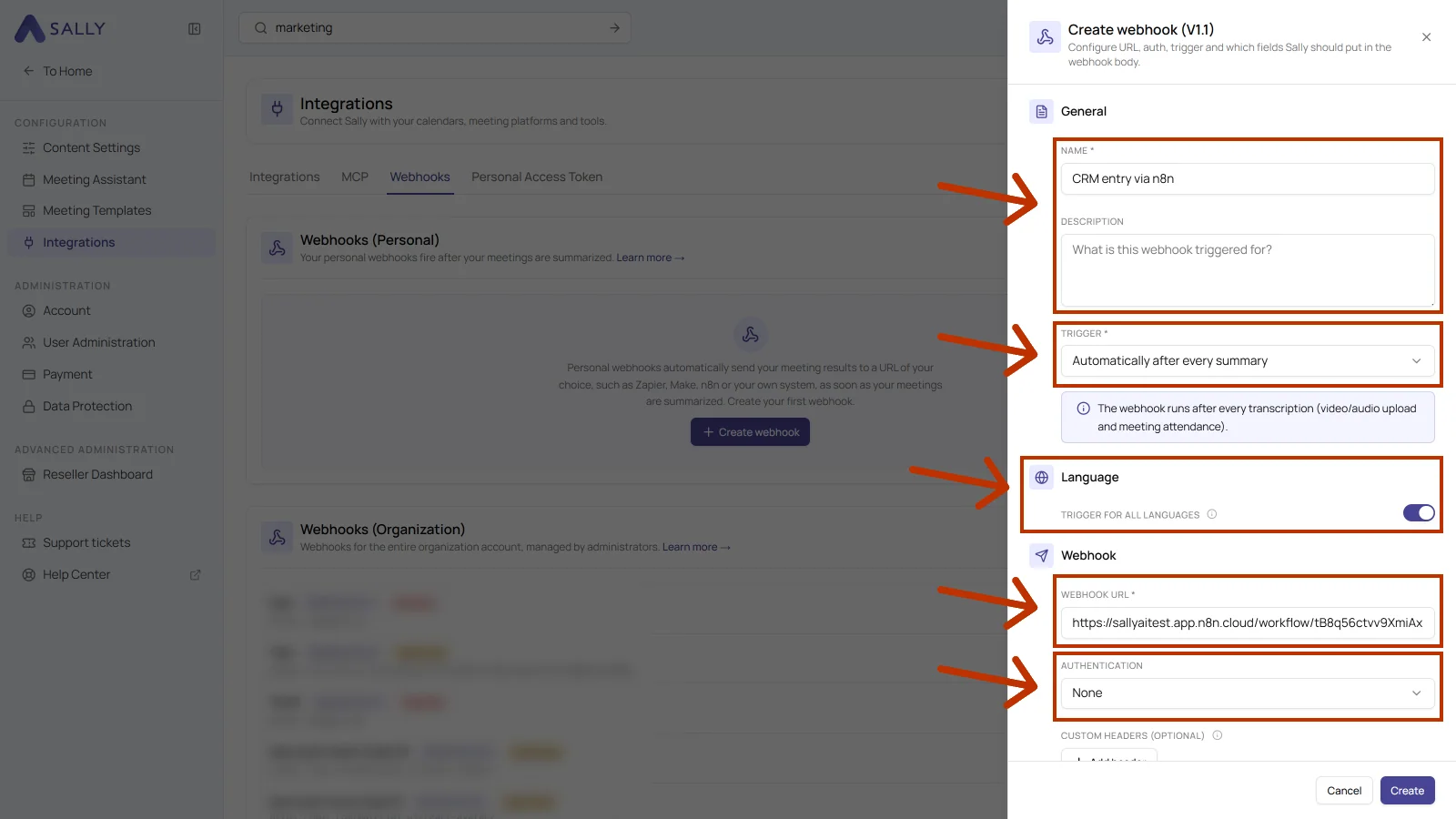 Create webhook dialog with name, description, trigger, language, webhook URL and authentication