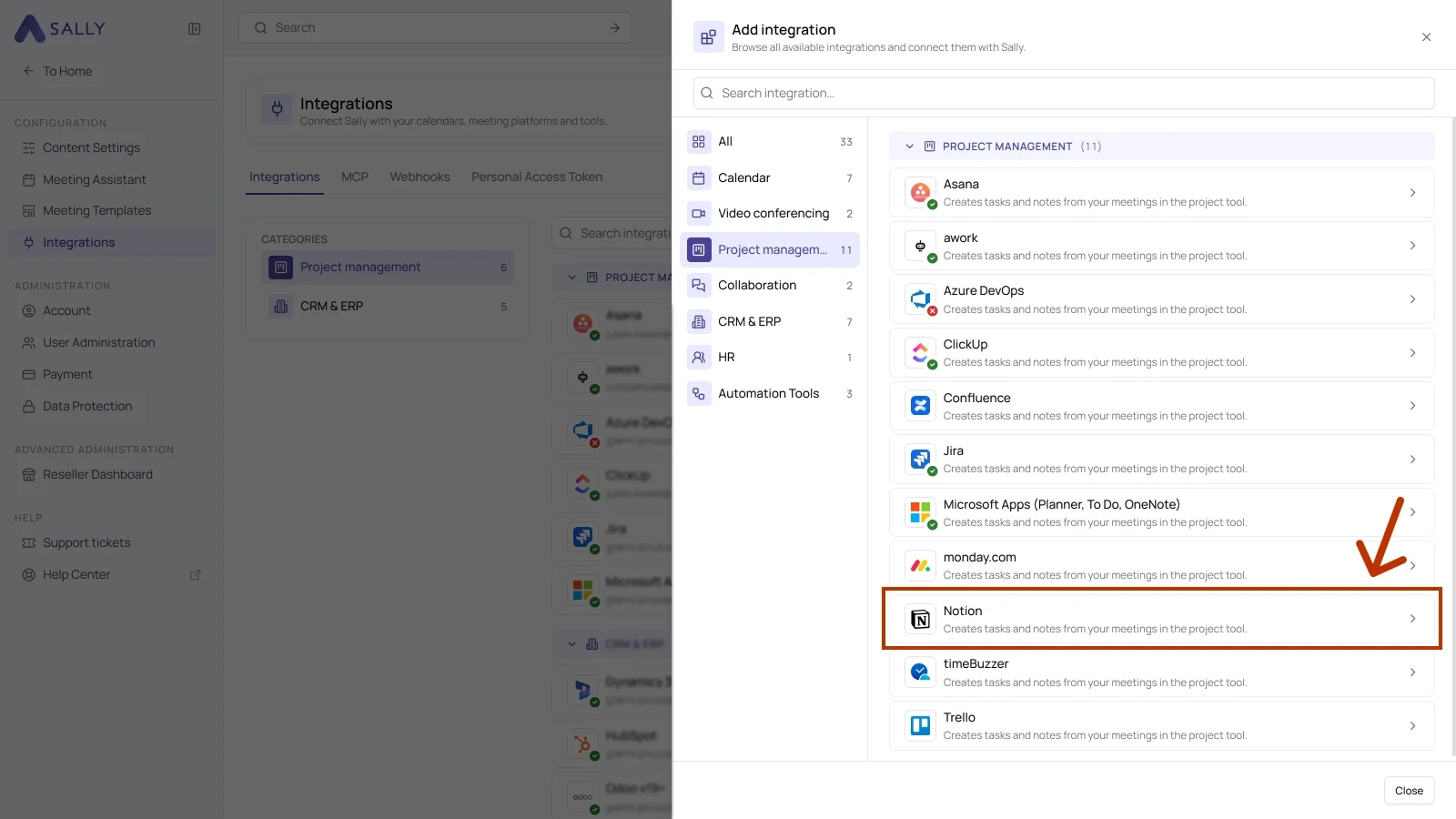 Add integration panel with the Project management category and Notion highlighted