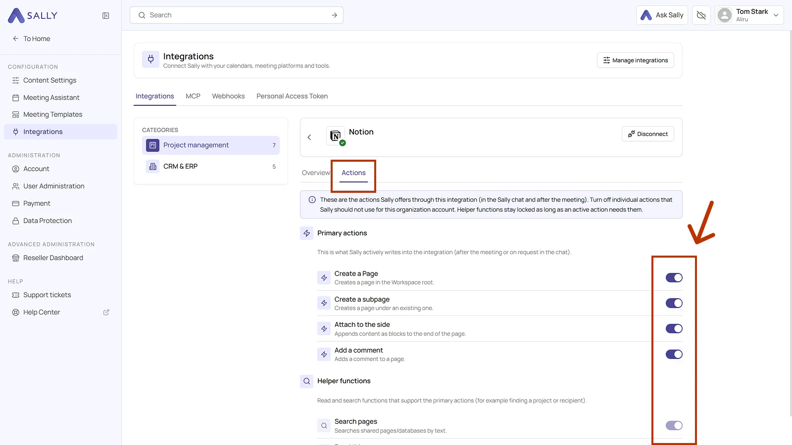 Actions tab of the Notion integration with the toggles for the primary actions
