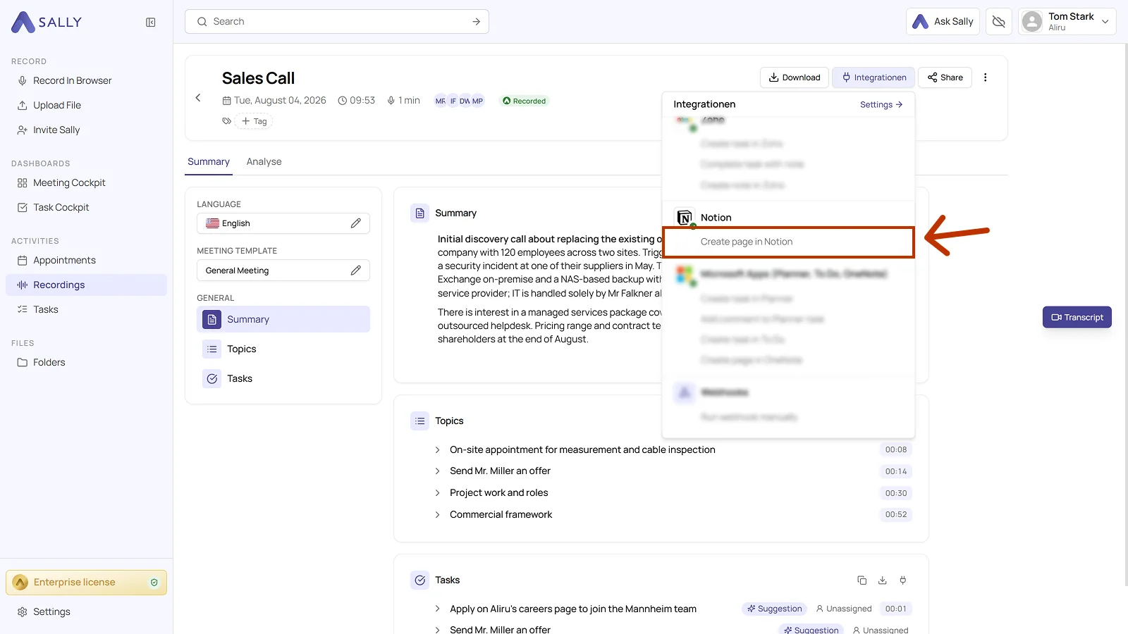 Recording with the list of integrations open and the Notion action