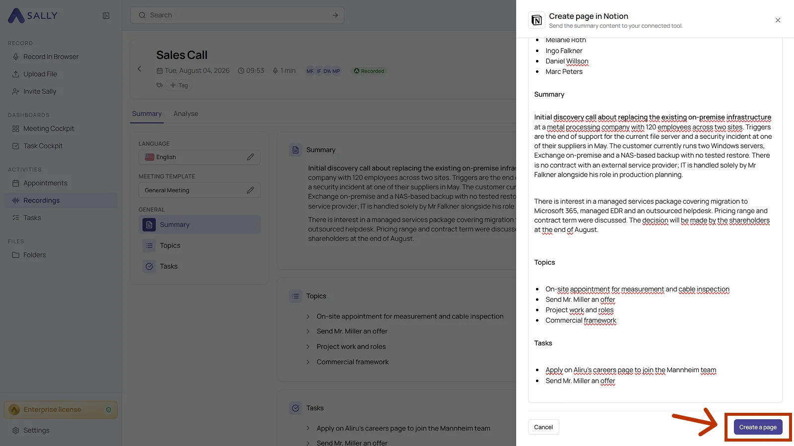 Create page in Notion dialog with the summary content and the Create a page button