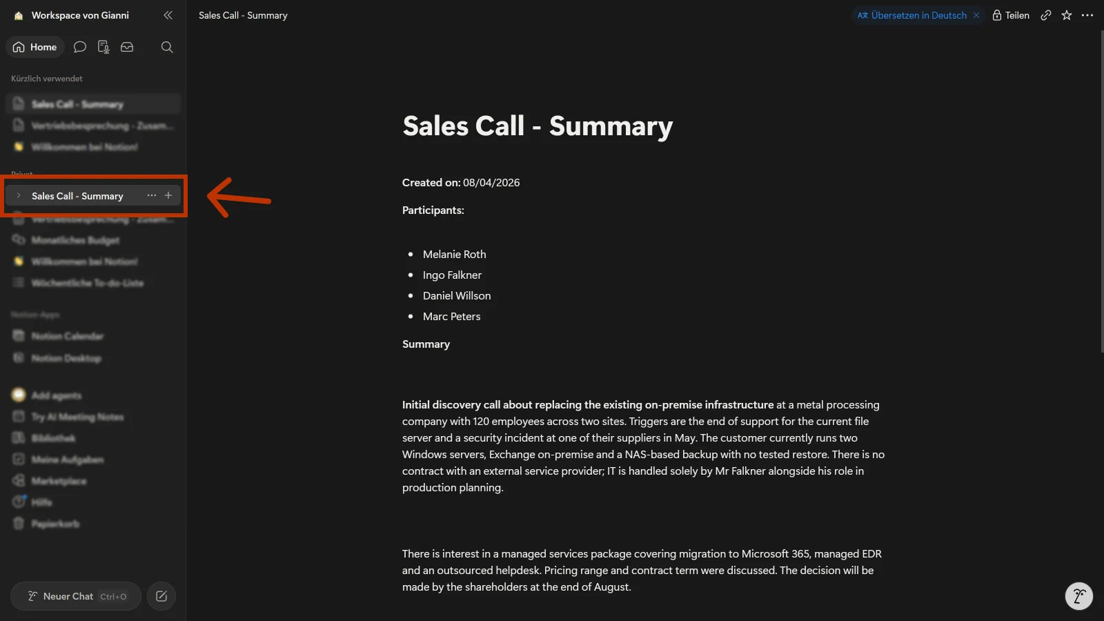 Notion workspace with the newly created page for the meeting summary