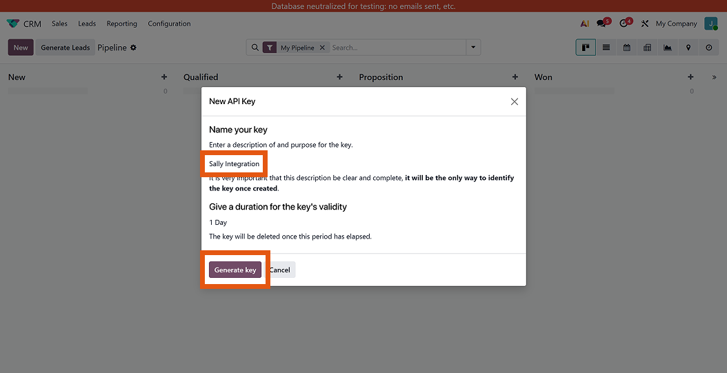Create API key in Odoo