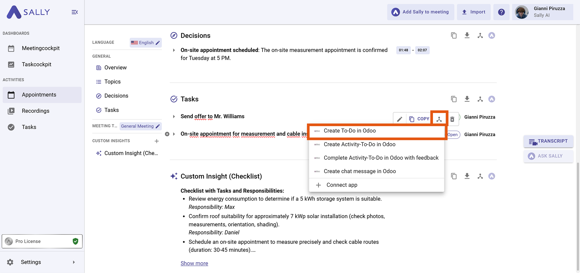 Odoo actions in meeting