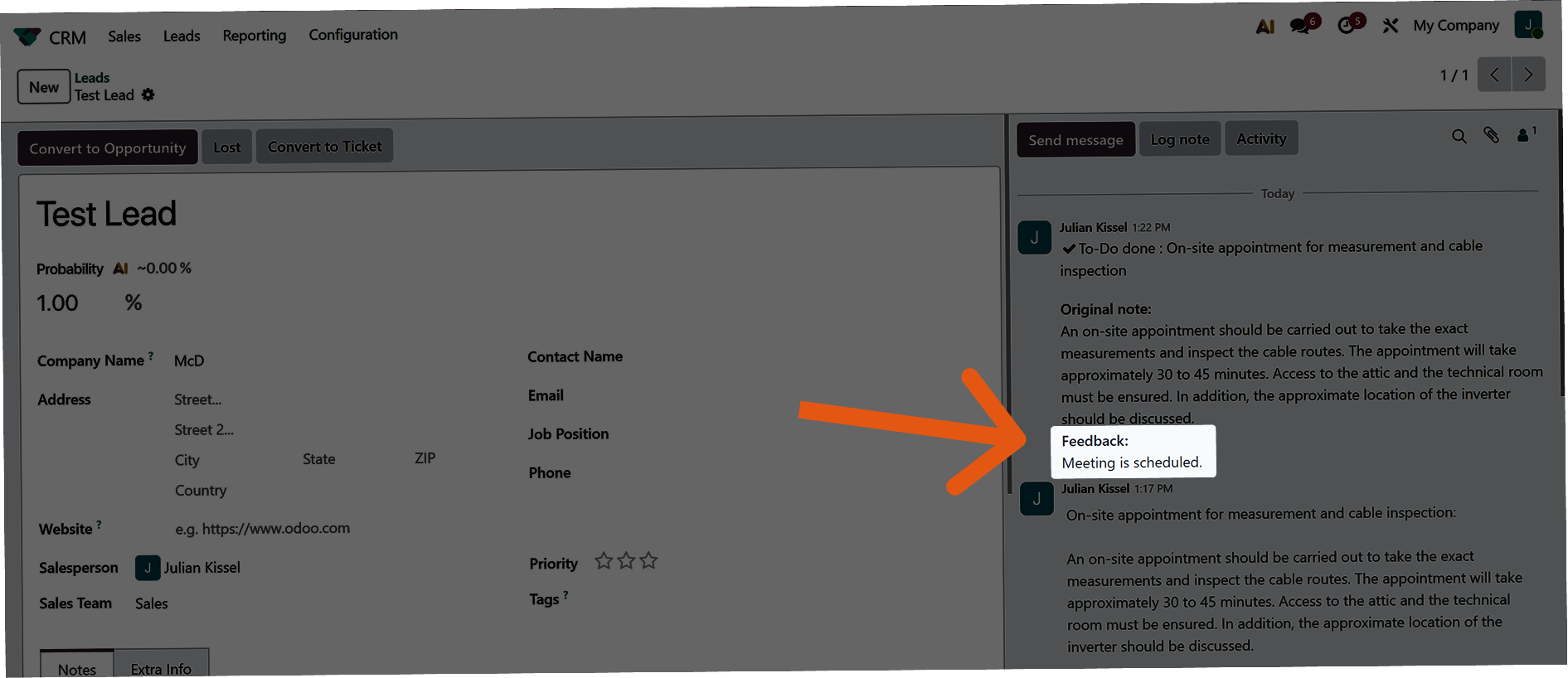 Feedback added to Odoo activity by Sally AI