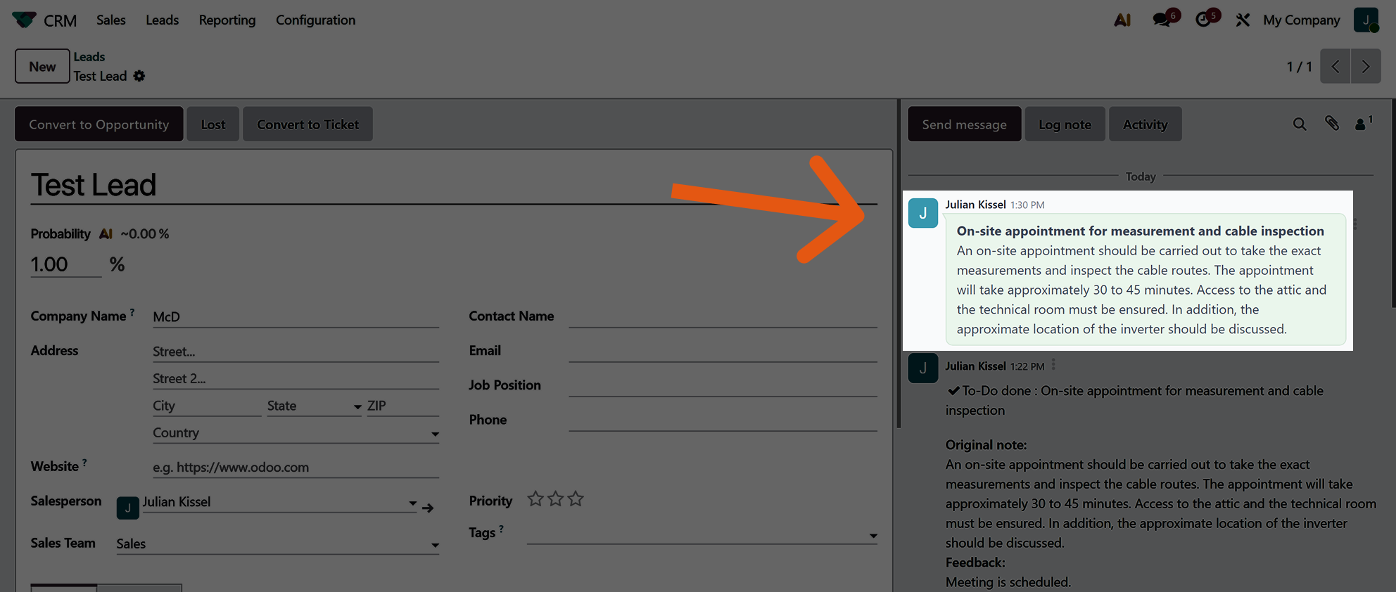 Chatter message added in Odoo