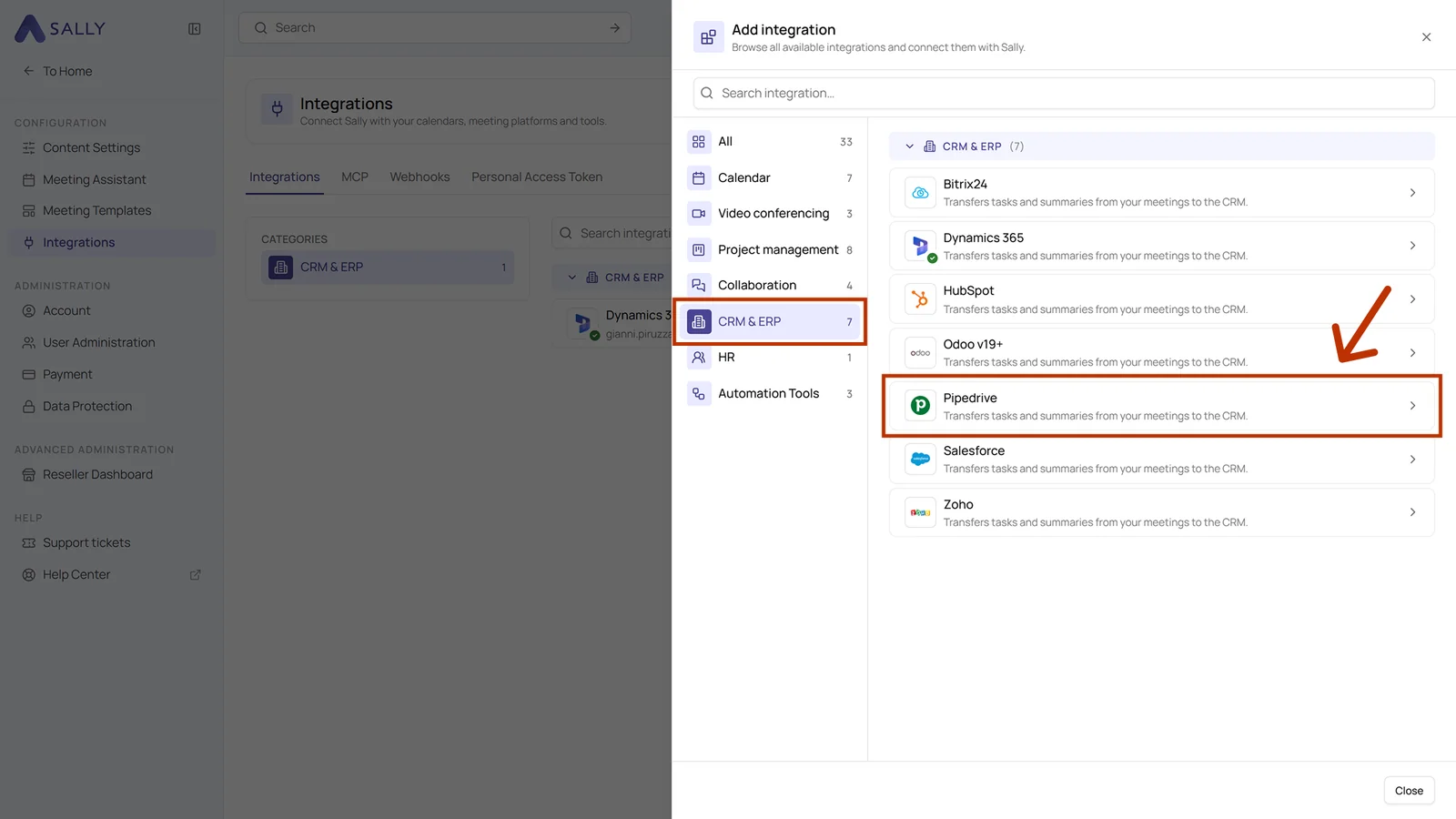 Add integration dialog with the CRM and ERP category and the Pipedrive entry highlighted