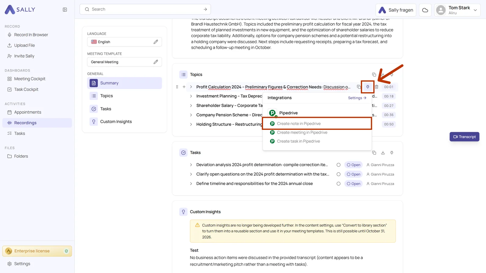 Recording in Sally with the Integrations menu open and the Create note in Pipedrive action highlighted