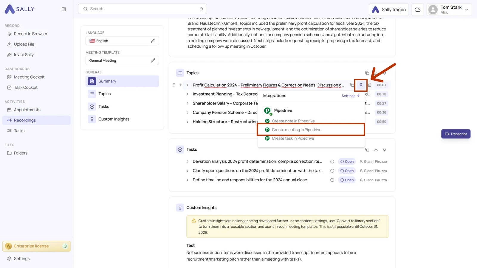 Recording in Sally with the Integrations menu open and the Create meeting in Pipedrive action highlighted