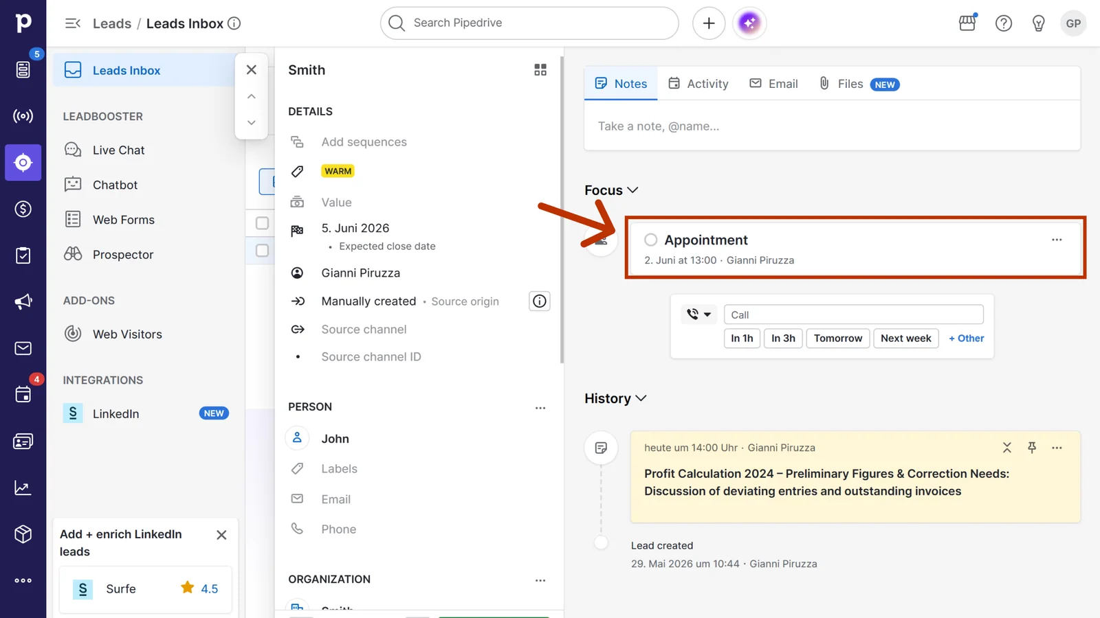 Meeting from Sally in the Focus area of a Pipedrive lead