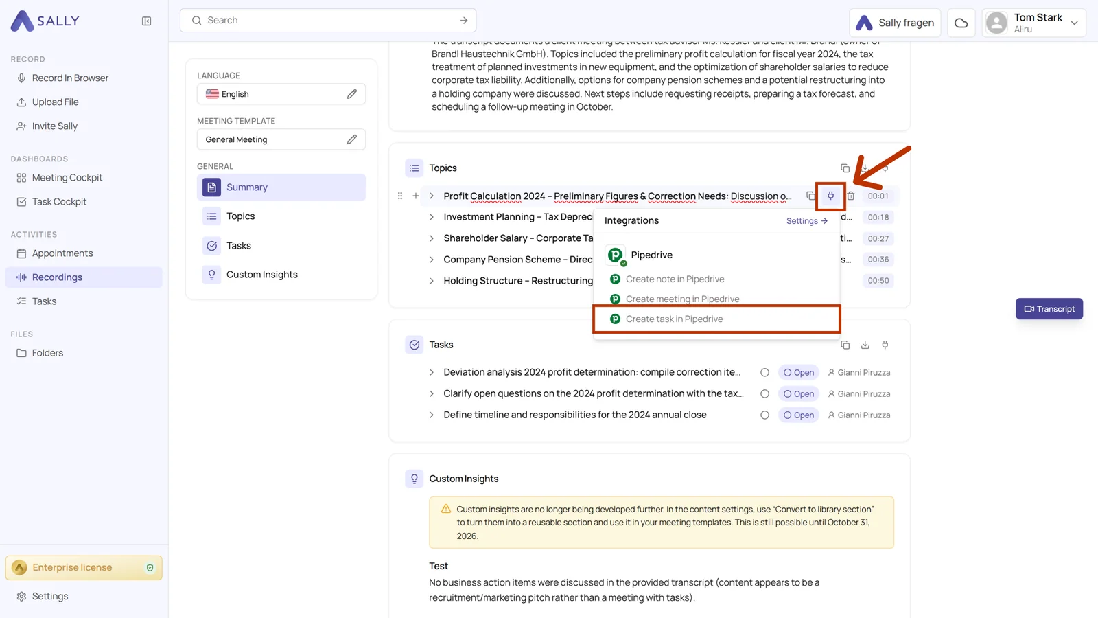 Recording in Sally with the Integrations menu open and the Create task in Pipedrive action highlighted