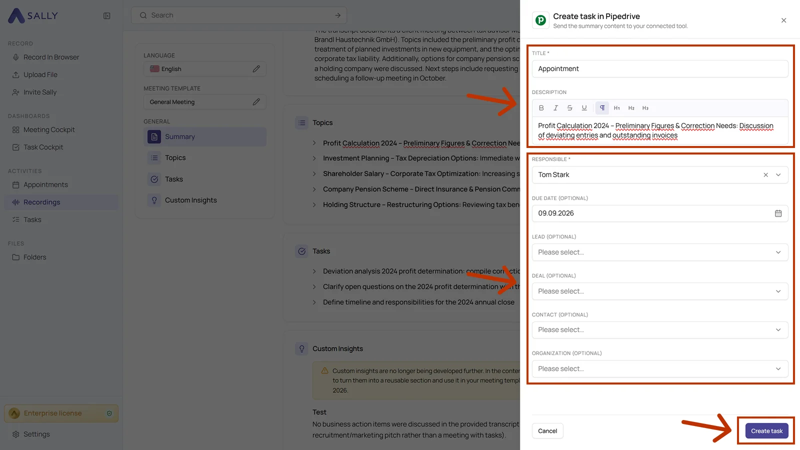 Create task in Pipedrive panel with title, description, responsible, due date, and the fields for the record