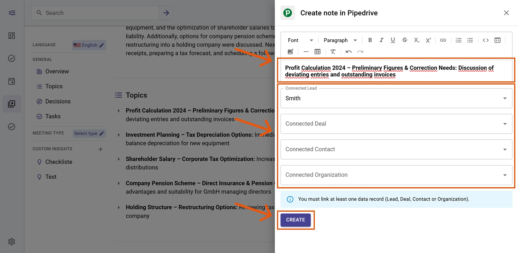 Create note in Pipedrive modal with linked records