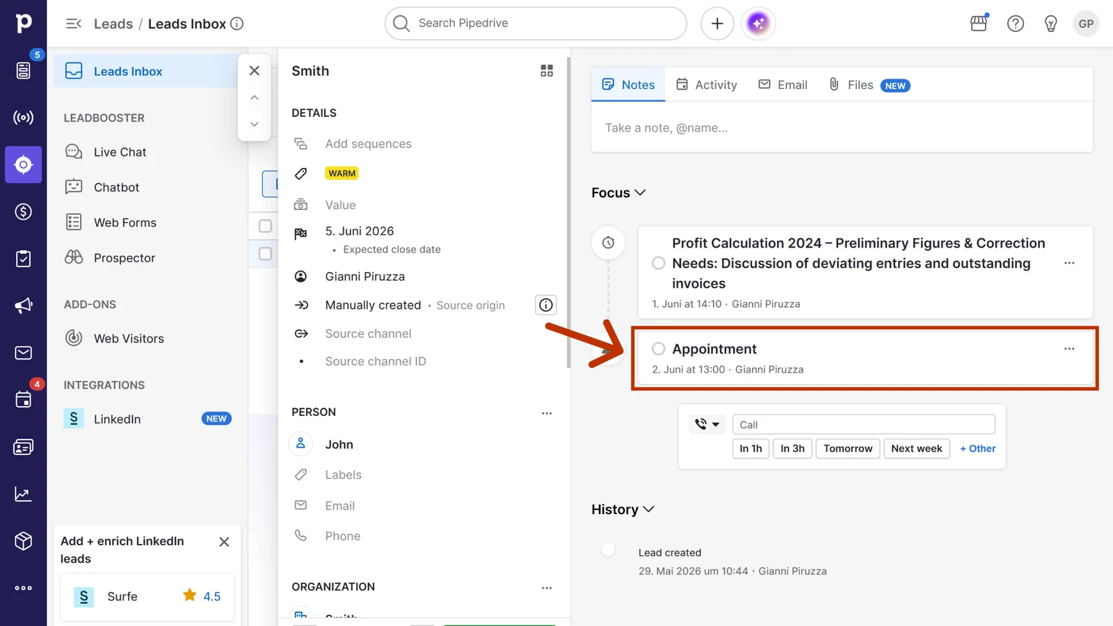 Task from Sally in the Focus area of a Pipedrive lead
