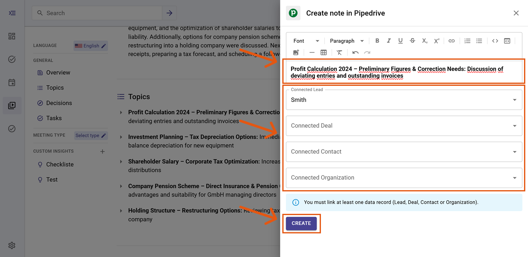 Create note in Pipedrive modal with linked records
