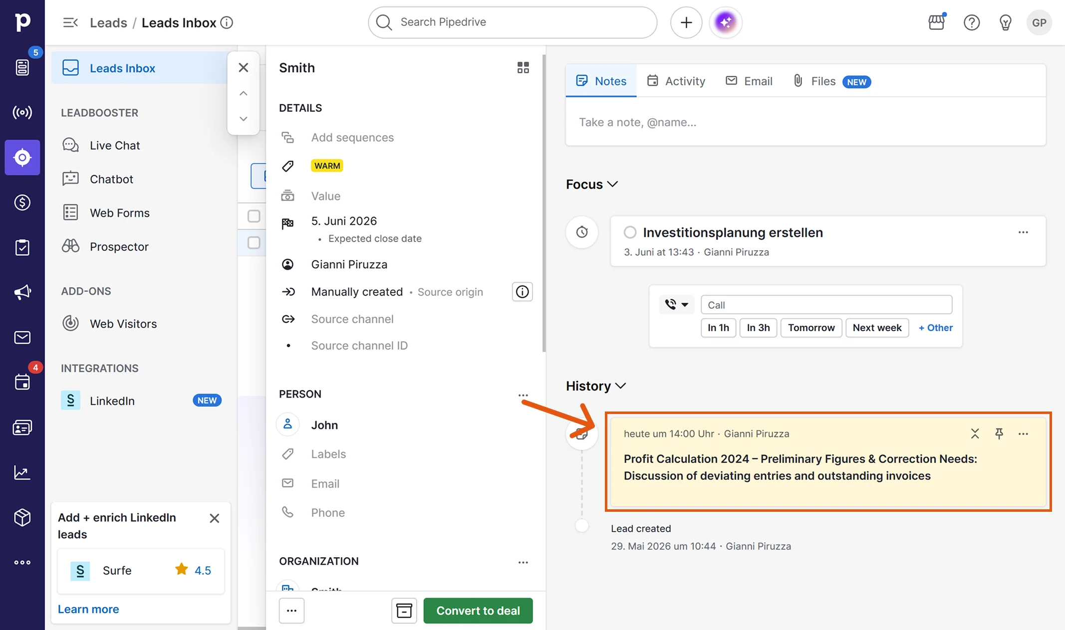 Note from Sally shown in the Pipedrive Lead timeline