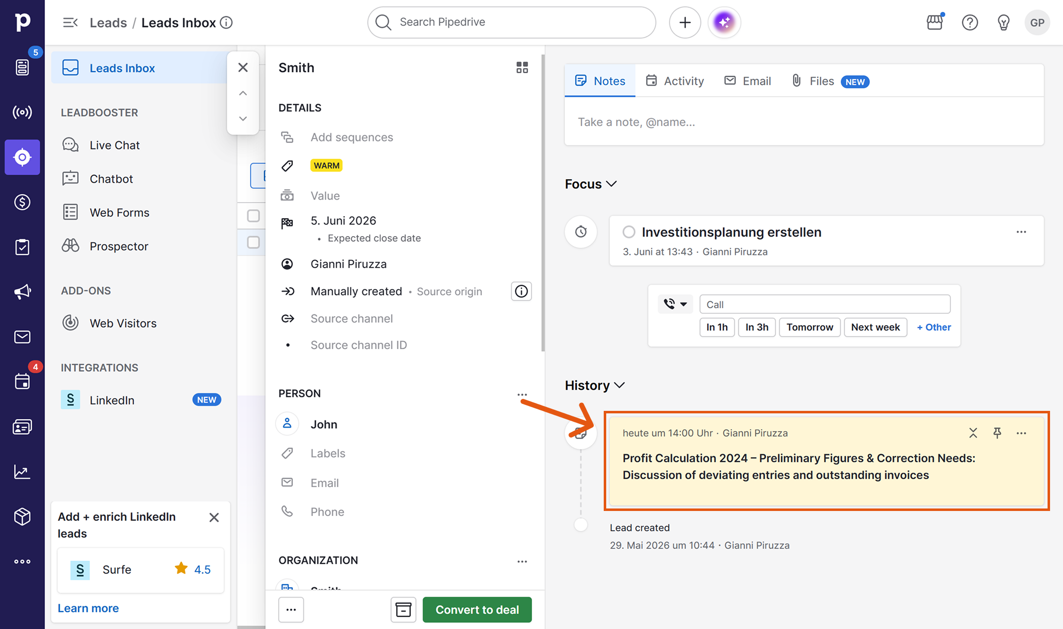Note from Sally shown in the Pipedrive Lead timeline