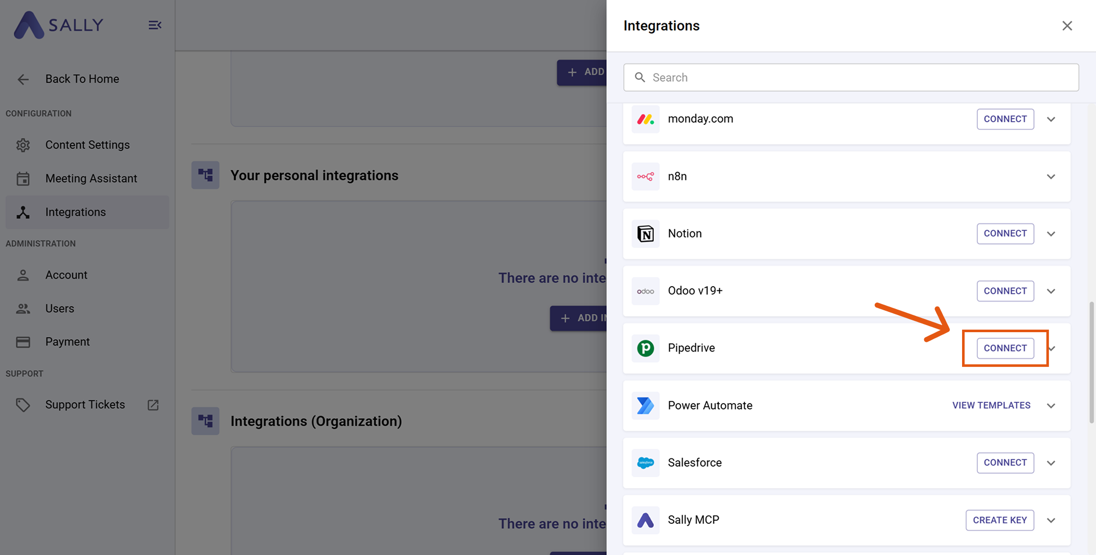 Pipedrive in the integrations list with Connect button