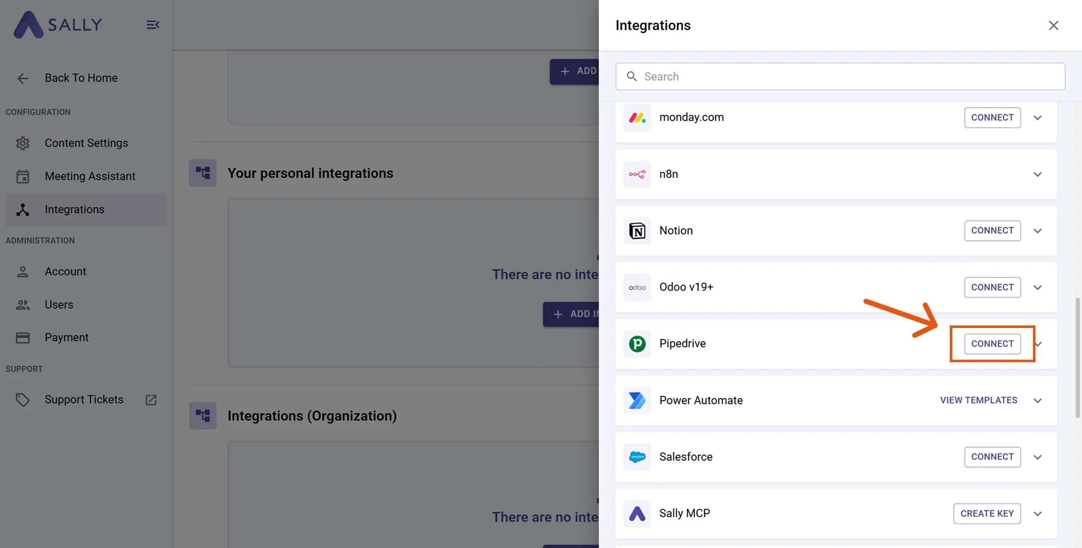 Pipedrive in the integrations list with Connect button
