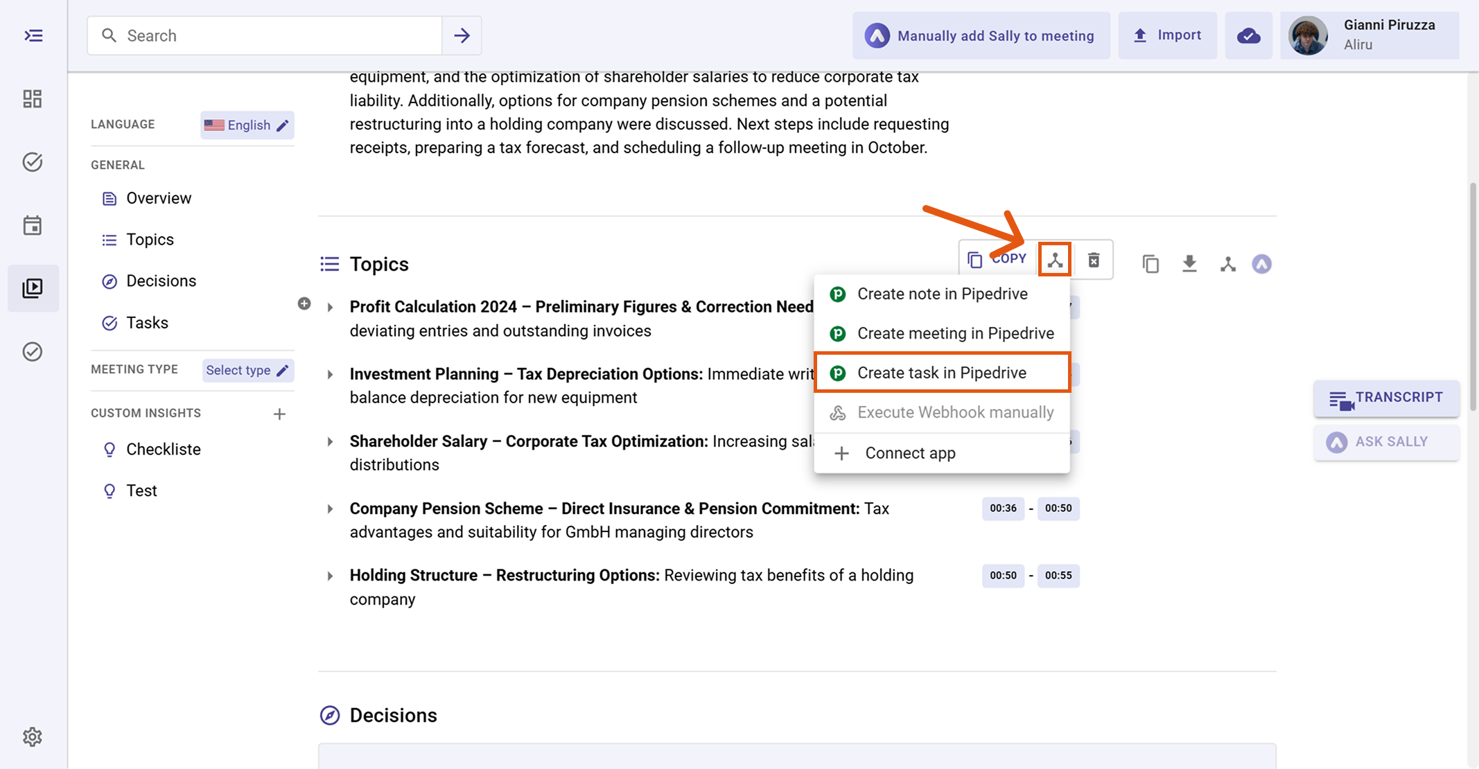 Pipedrive action menu with Create task in Pipedrive highlighted