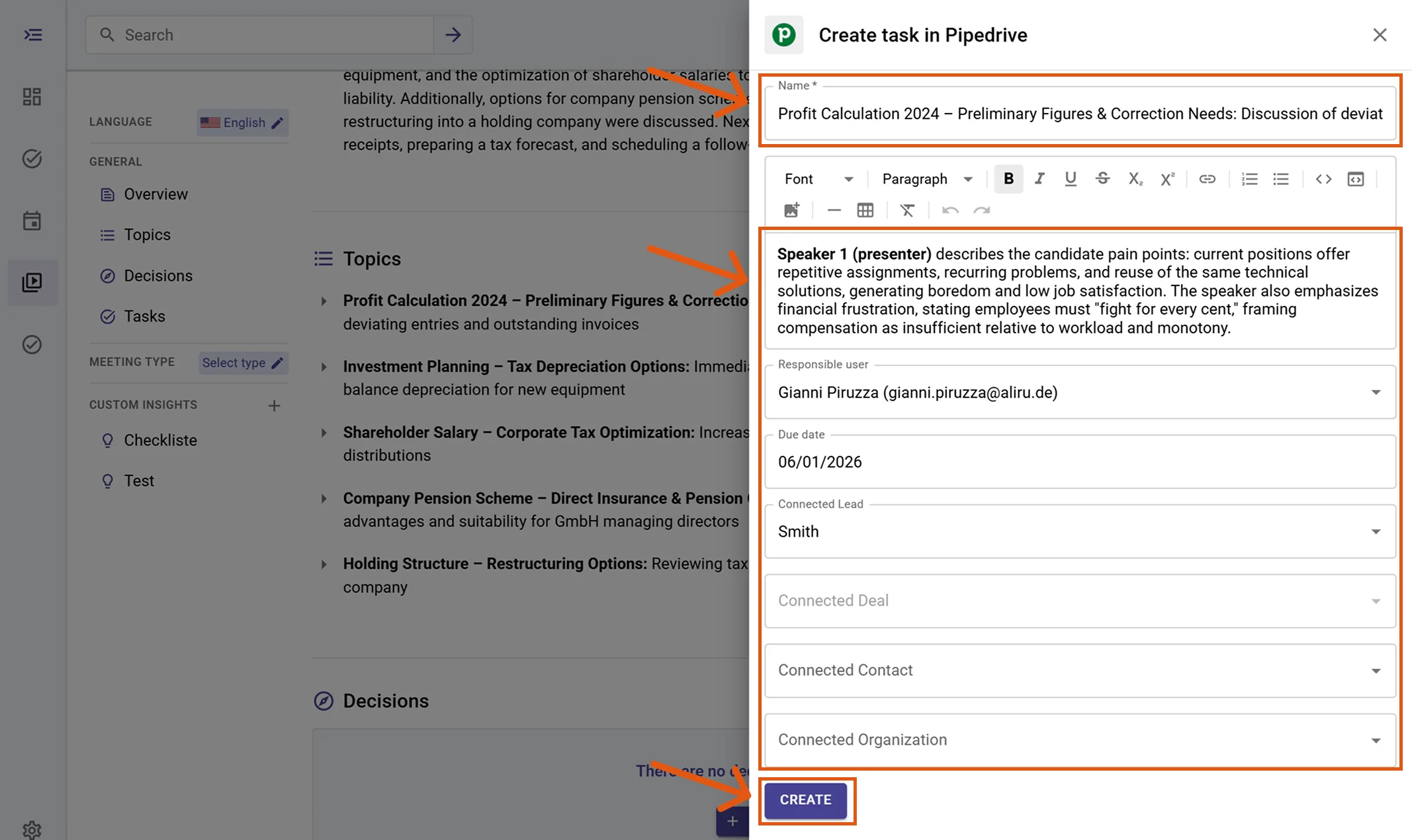 Create task in Pipedrive modal with name, responsible user, due date, links