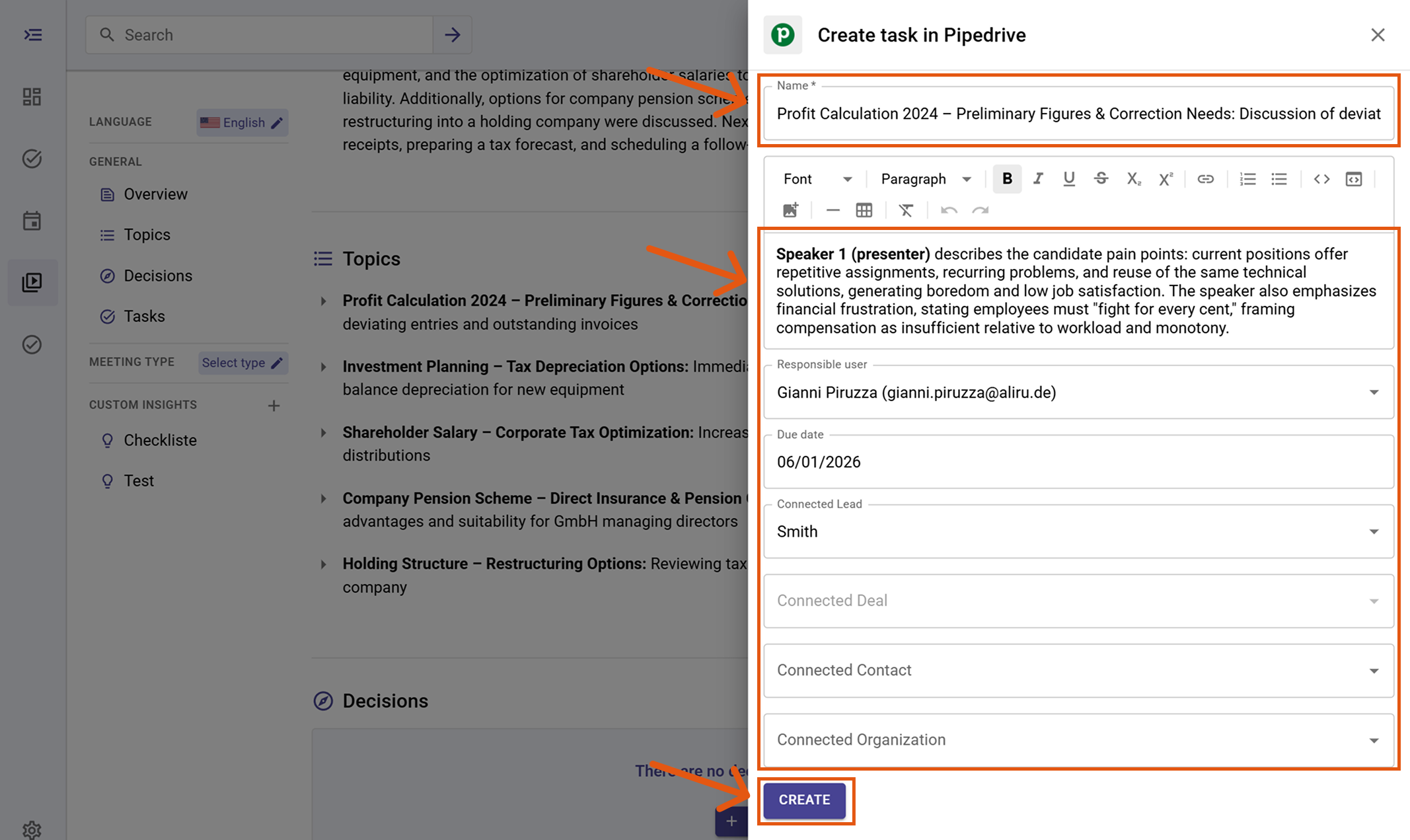Create task in Pipedrive modal with name, responsible user, due date, links