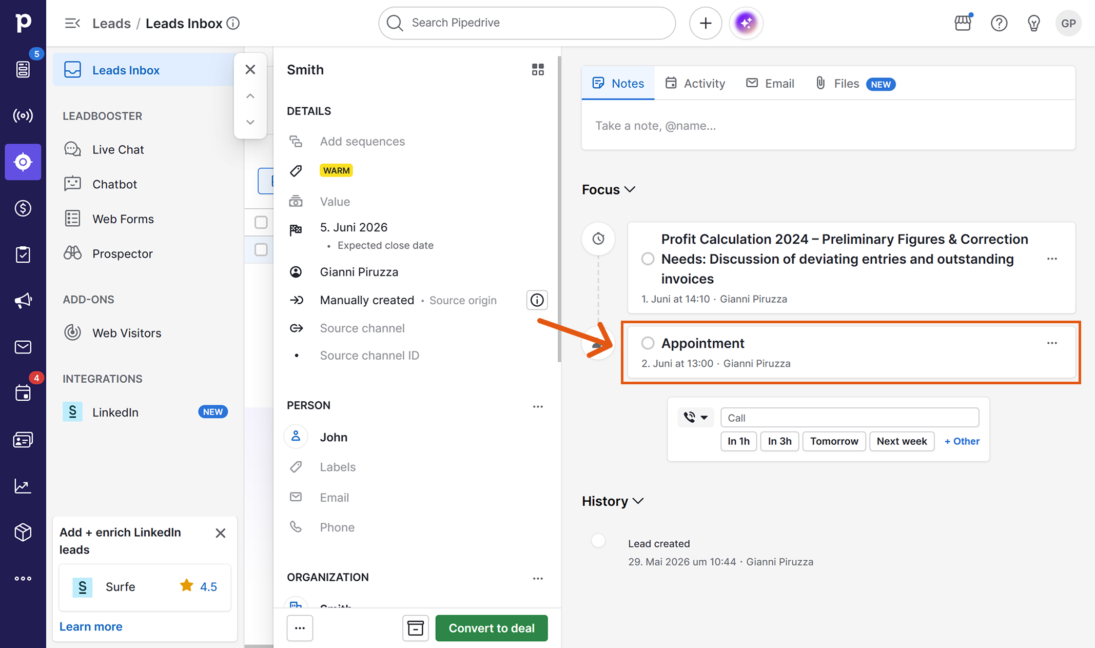 Task from Sally shown in the Pipedrive Lead Focus area