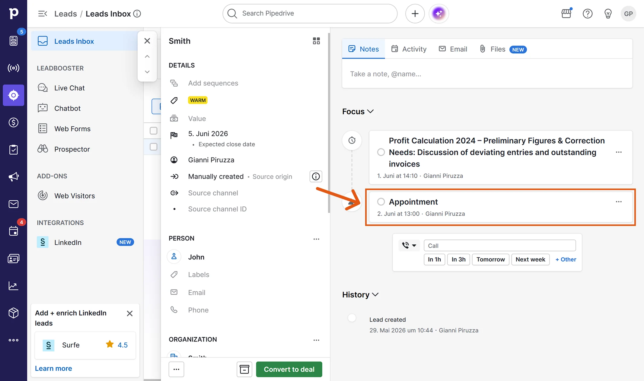 Task from Sally shown in the Pipedrive Lead Focus area