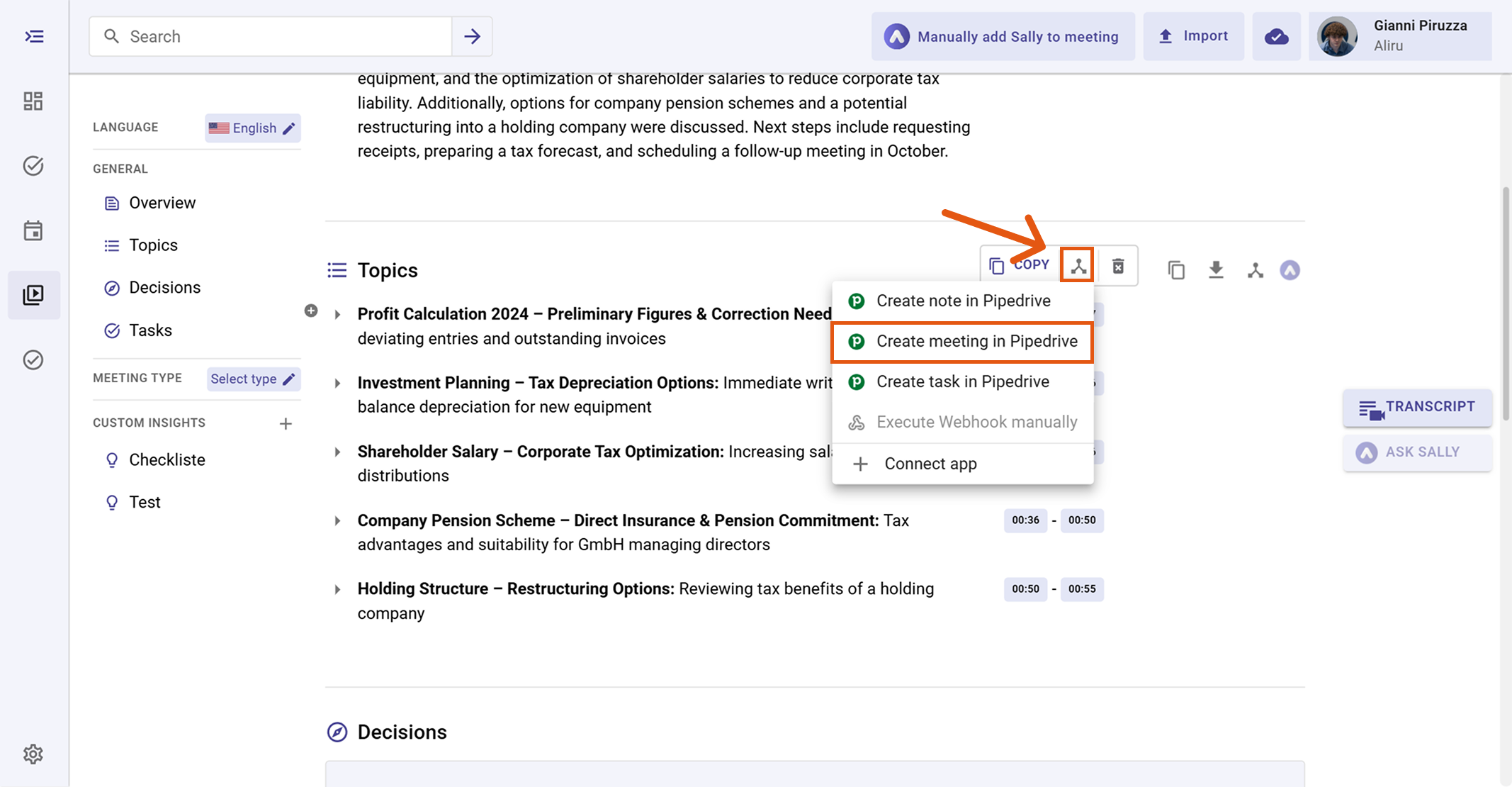 Pipedrive action menu with Create meeting in Pipedrive highlighted