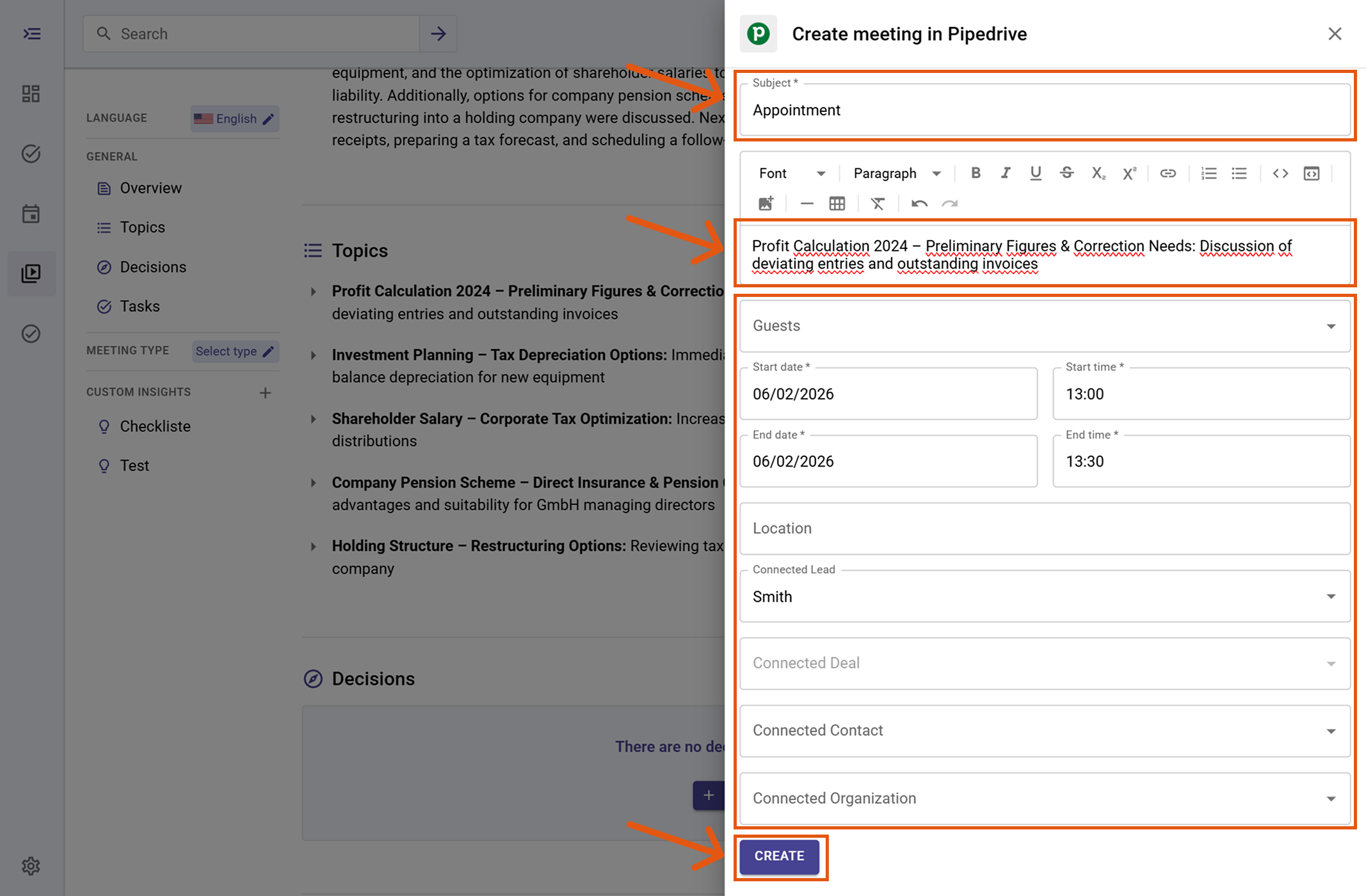 Create meeting in Pipedrive modal with subject, guests, dates, location, links