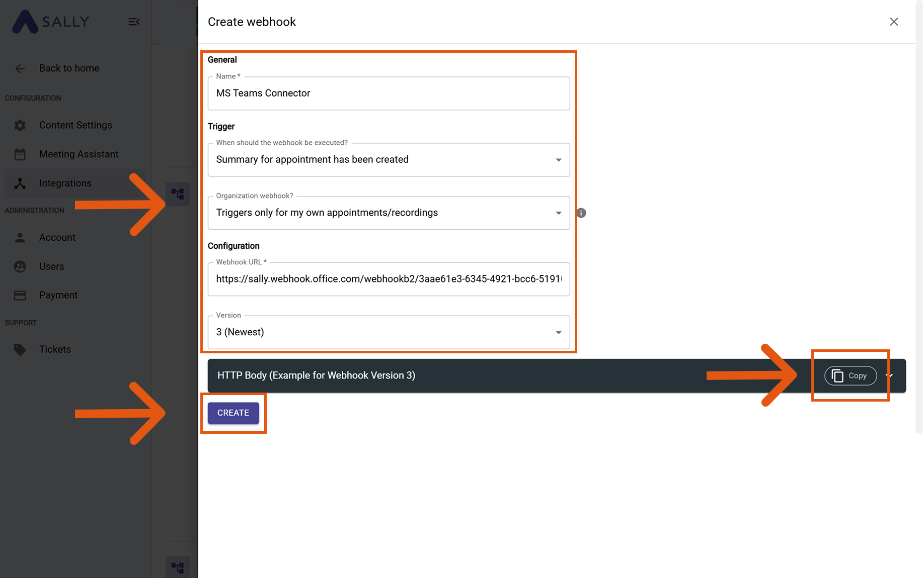 Create Webhook in Sally