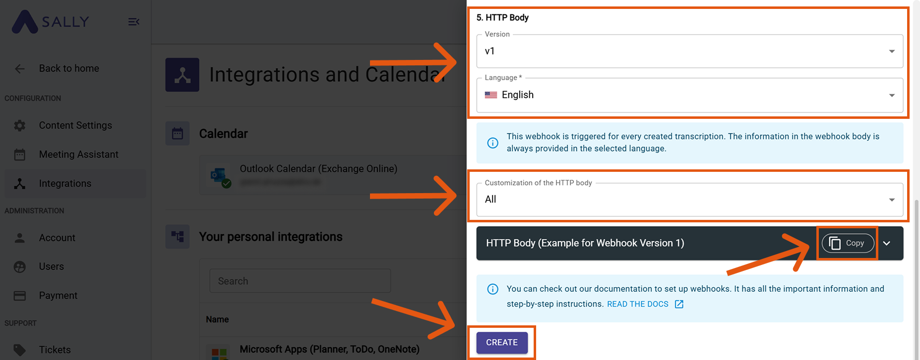 Create webhook in Sally