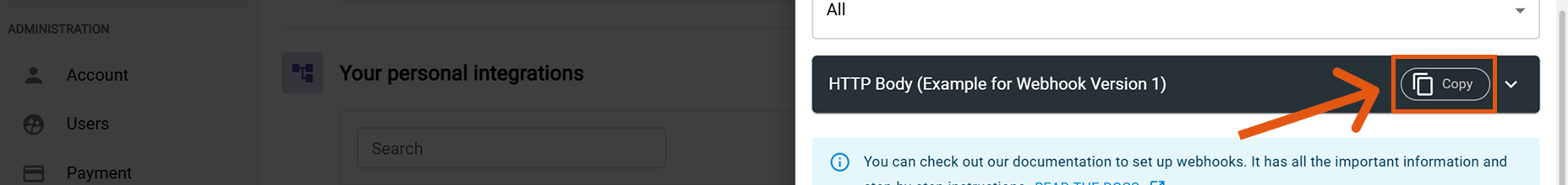 Webhook listed under integrations