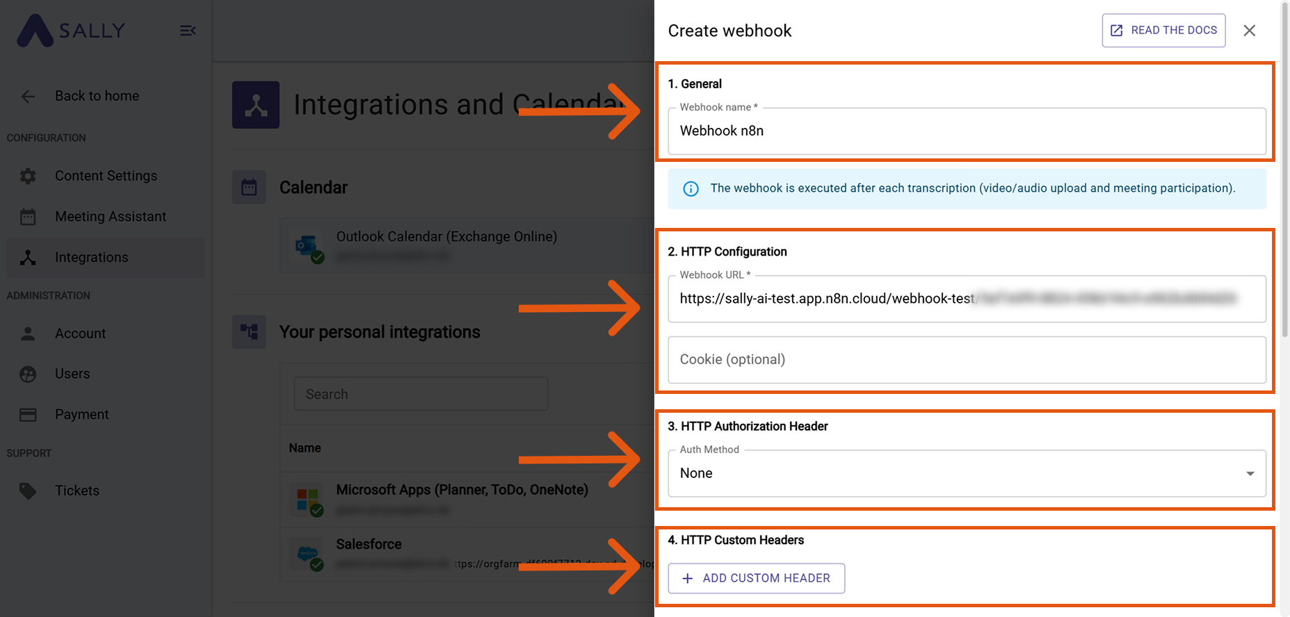 Create webhook in Sally