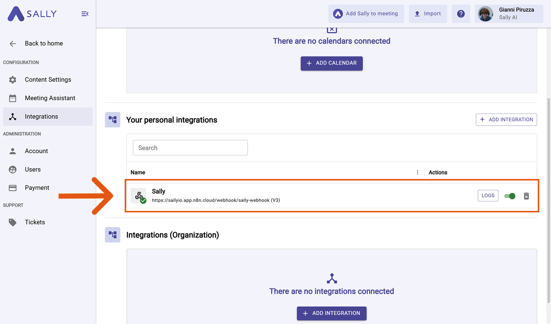 Webhook listed under integrations