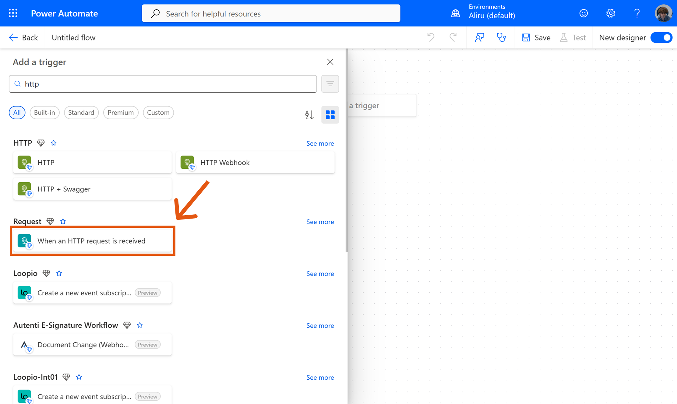 Select When an HTTP request is received trigger